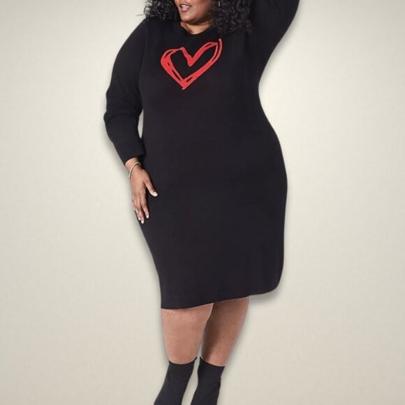 Lane Bryant Sweater Dress Long Sleeves Soft Knit Fabric Heart Design Black 10/12 - Picture 1 of 11